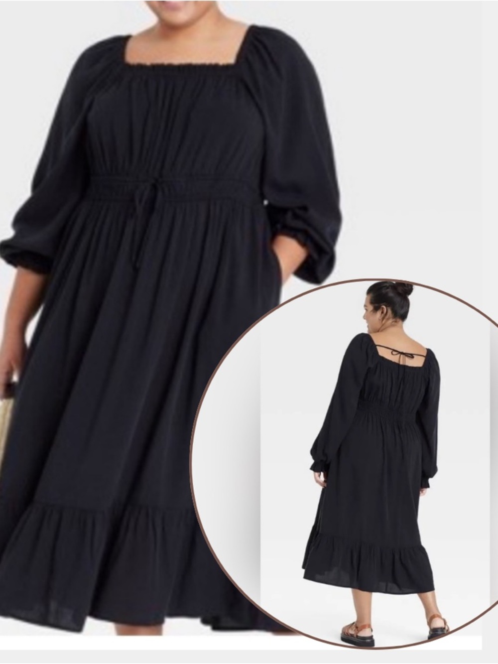 Ava & Viv 1X Midi Dress Balloon Sleeve Black Tiered Smocked Tie Waist Pockets